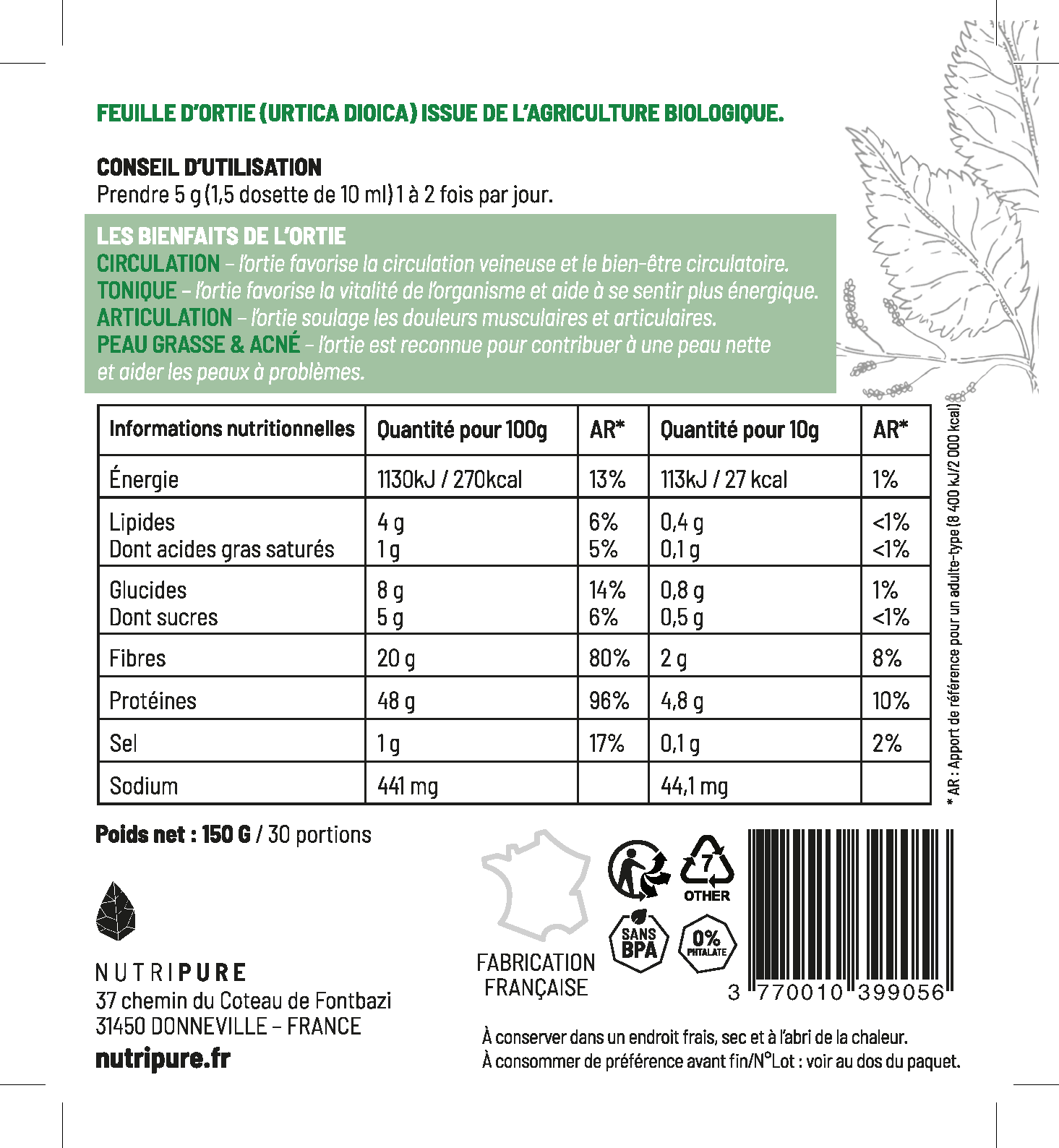 Feuilles d'ortie bio en poudre (150g)