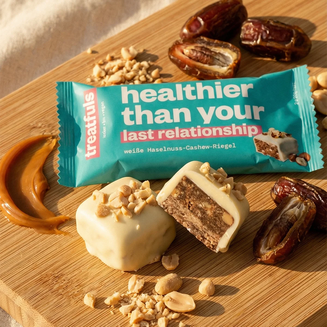 Barre Treatfuls - Chocolat blanc Noisettes « Healthier than your last relationship »