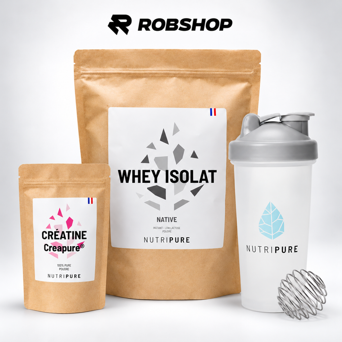 Pack Essentiel Sport Robshop : whey isolate native, créatine Creapure en sachet et shaker Nutripure sur fond gris et blanc